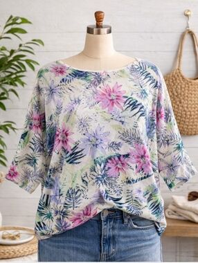 J. Jill Linen Blend Open Knit Floral Sweater Top Lightweight